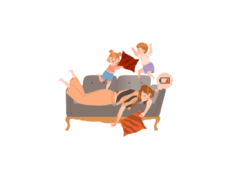 Exhausted woman is laying on a couch with kids on top of her.