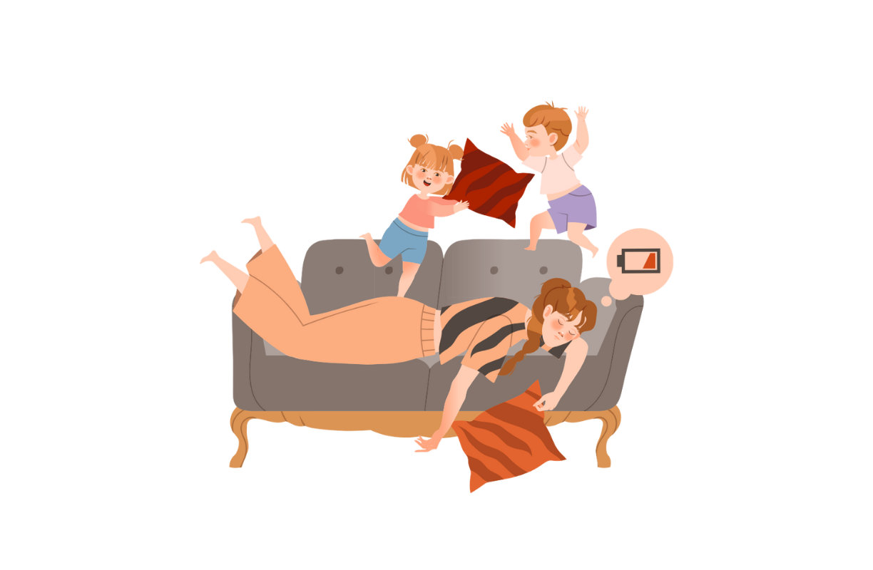Cartoon drawing of tired woman laying on the couch with kids on top of her.