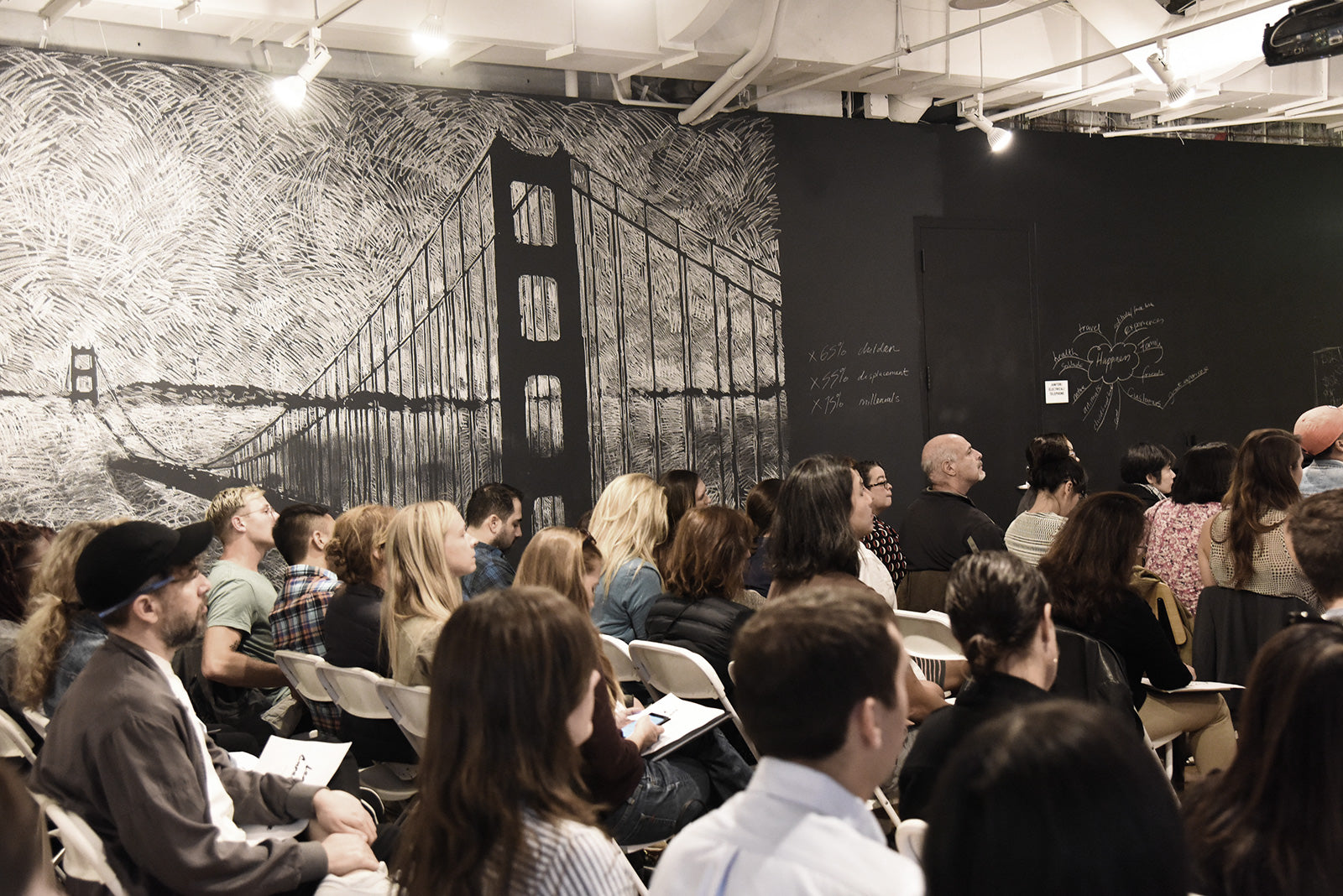 Female participants in a workshop sit in front of a graffiti wall.