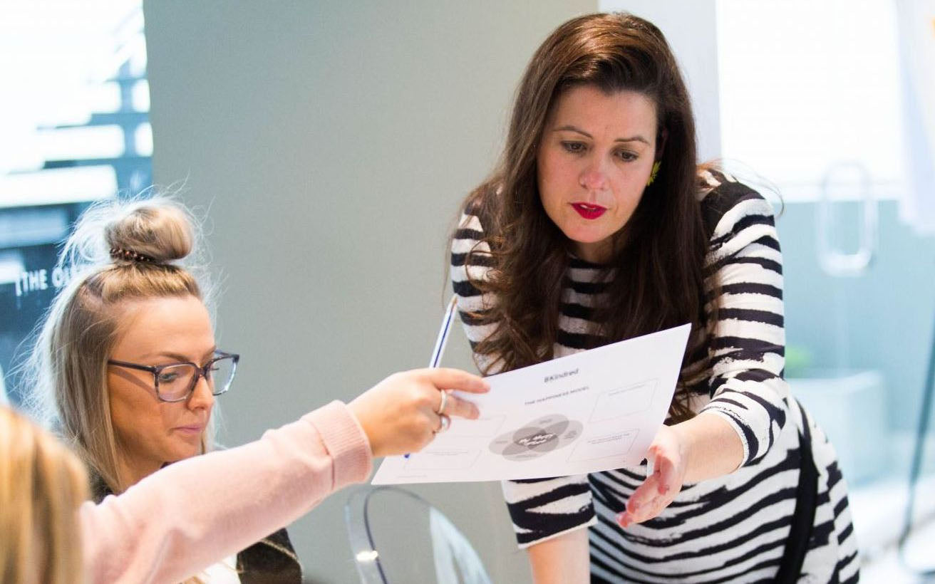 Female participants in a workshop sit in front of a graffiti wall.