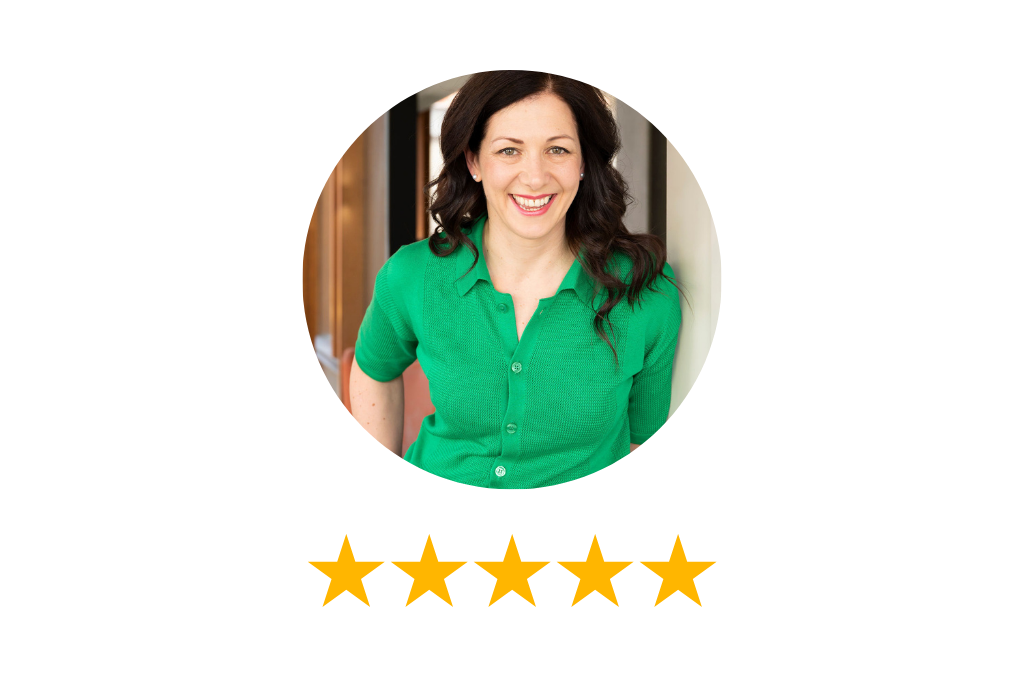 Woman wearing a green button-down shirt. 5 stars appear below her.