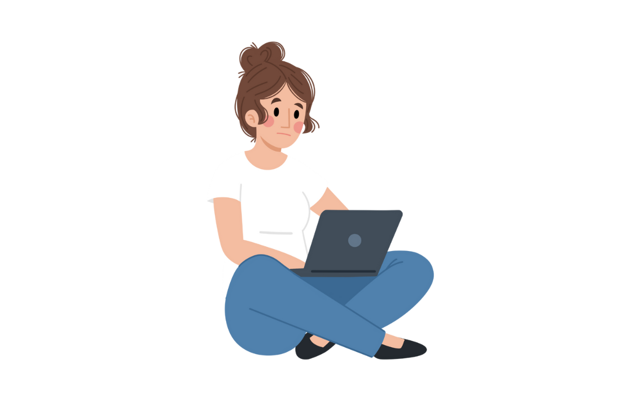 Cartoon drawing of woman sitting on the floor with her laptop.