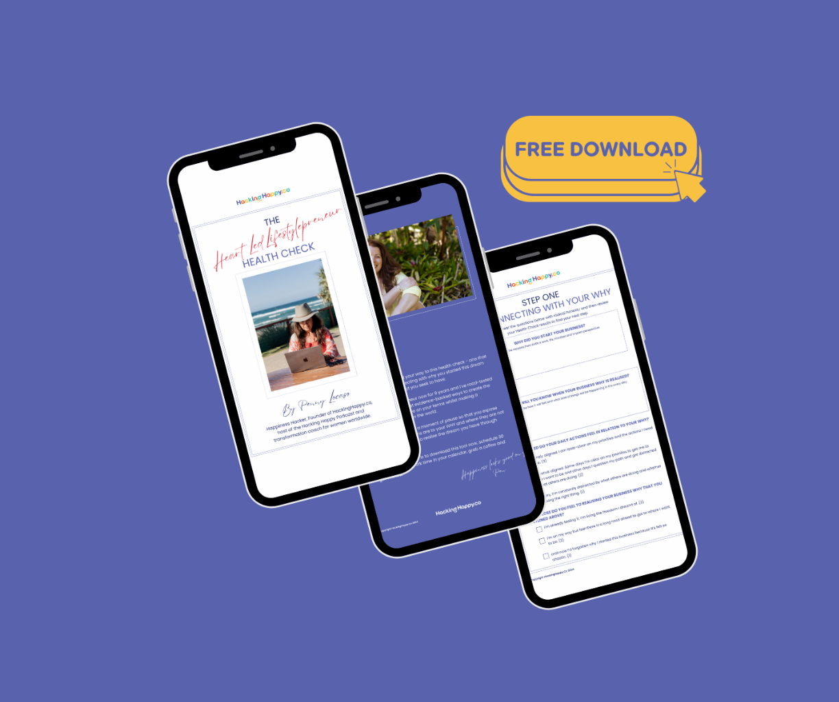 Three iPhones displaying the Heart Led Lifestylepreneur Health Check.