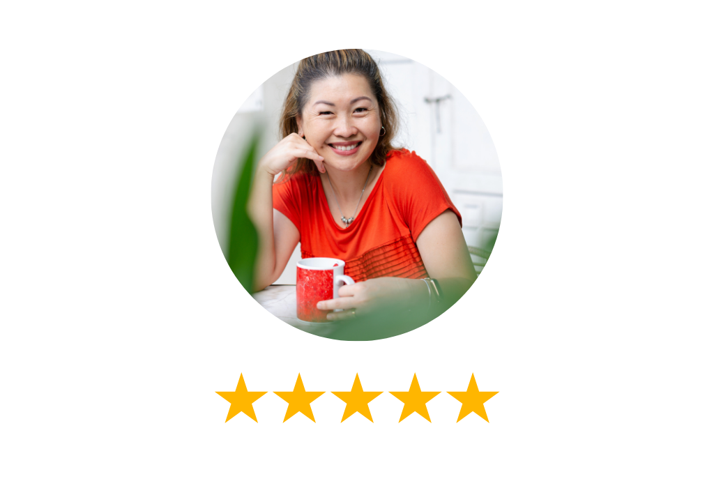 Woman smiling wearing a red shirt and holding a red mug. 5 stars displayed below her.