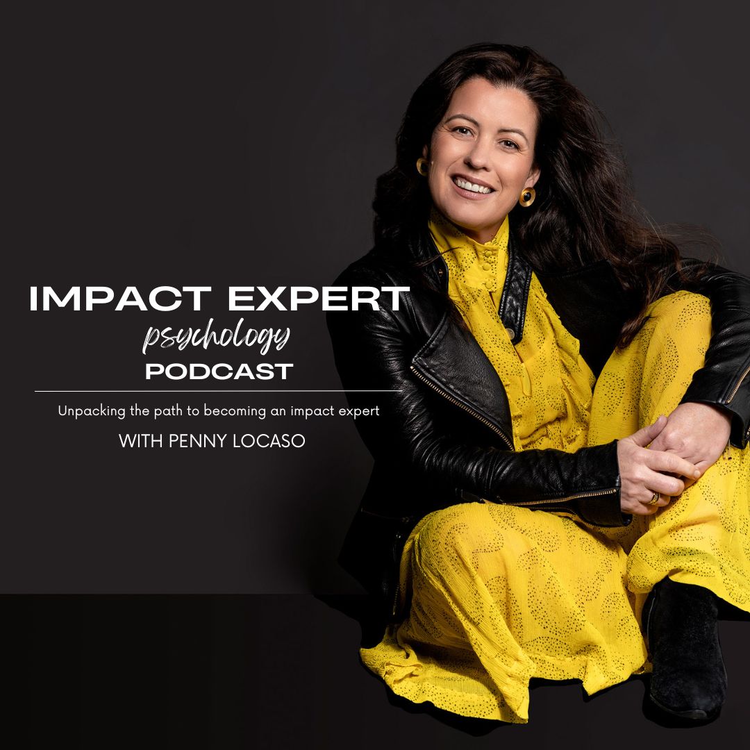 Woman in yellow dress is sitting on the floor smiling. The words Impact Expert Psychology Podcast are written next to her.