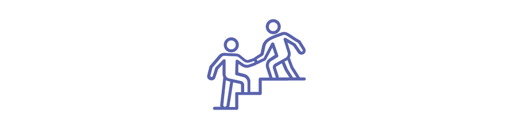 Two figures of people helping each other up a staircase.